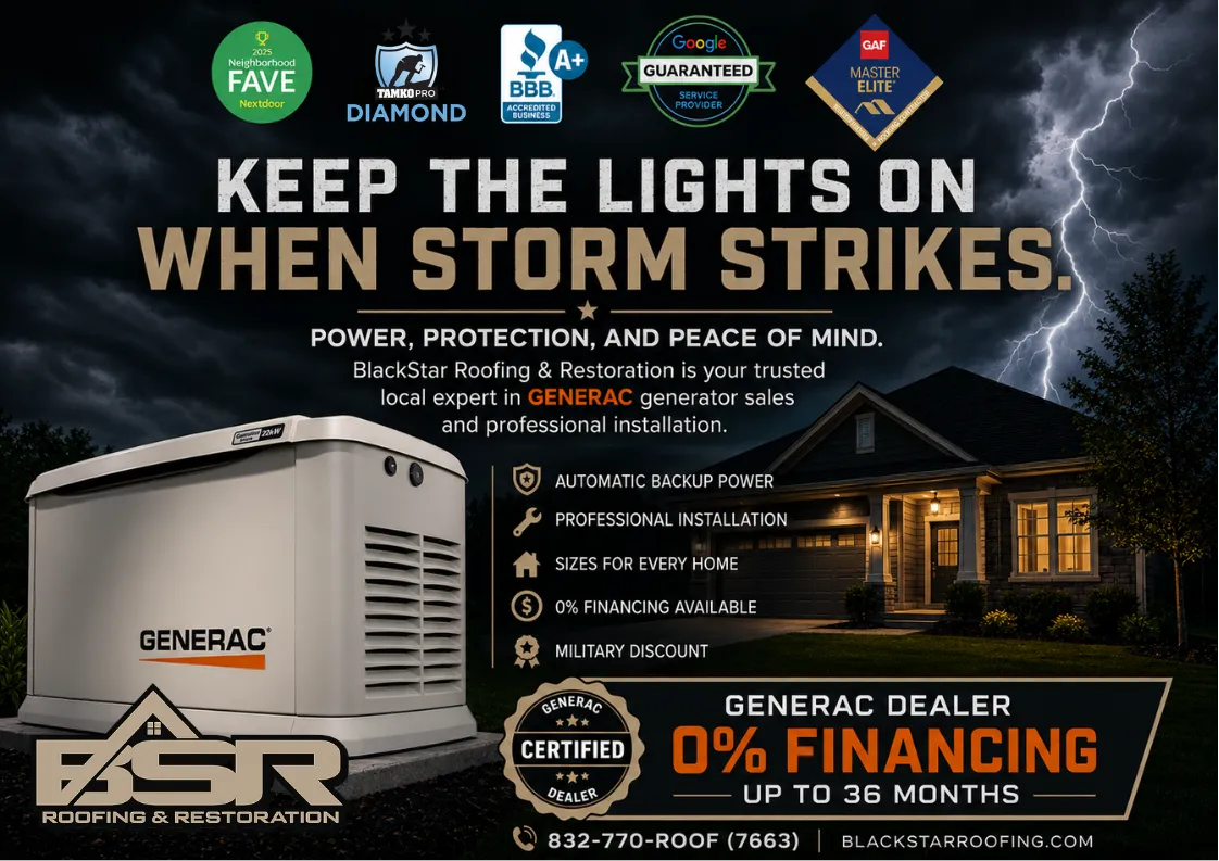 Generac home standby generator — keep the lights on — 0% interest financing available